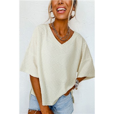 Beige V Neck Textured Split Hem Oversized Top