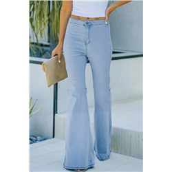 Голубые однотонные джинсы-клеш с высокой талией и карманами