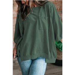 Laurel Green Exposed Seam Chest Pocket Split Loose T Shirt