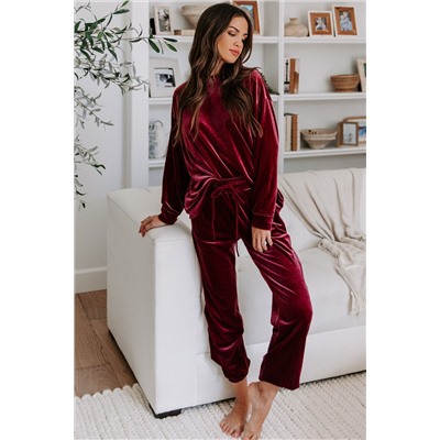 Fiery Red Solid Velvet Two Piece Lounge Set