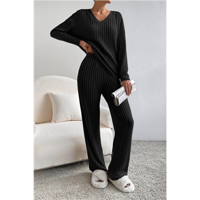 Black Ribbed Knit V Neck Slouchy Two-piece Outfit