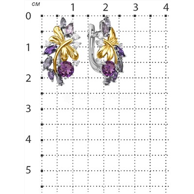 Серьги из серебра с нат.аметистом, синт.александритом, фианитами и позолотой родированные 925 пробы С-3575рчс40194600