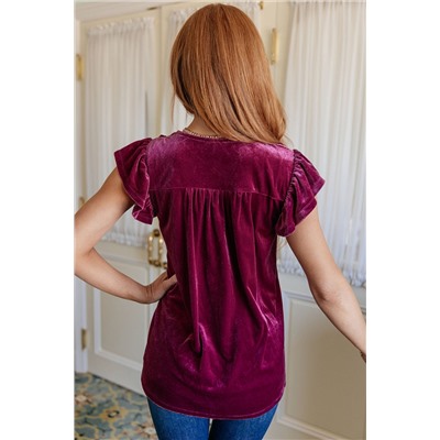 Violet Ruffled Drawstring Round Neck Velvet Blouse