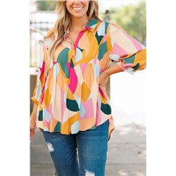 Multicolor Geometric Print Bracelet Sleeve Henley Blouse