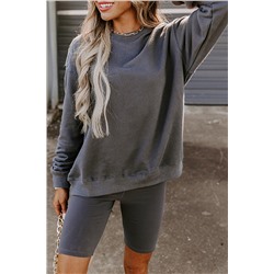 Dark Grey Solid Color Pullover and Skinny Shorts Two Piece Set