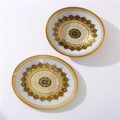Набор тарелок «Мехенди», 2 предмета: 29*25 см и 33*28 см, цвет бежевый с чёрным и золотым, стекло