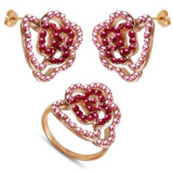 Комплект: кольцо, серьги (вставки: Кристаллы SW, розовые; покрытие: Золото)