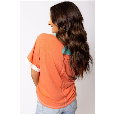 Grapefruit Orange Contrast Trim Exposed Seam V Neck T-shirt