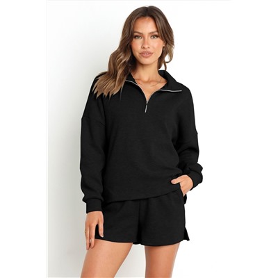 Black Ribbed Zipper Sweatshirt and High Waist Shorts Set