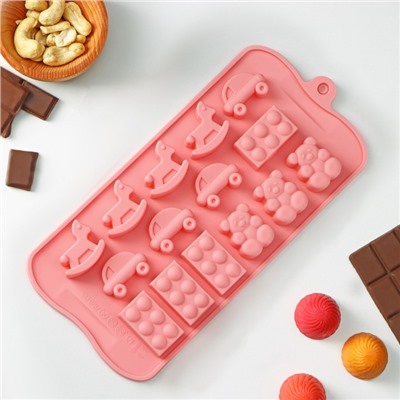 Форма для конфет и шоколада Доляна «Детские игрушки», силикон, 21×11 см, 15 ячеек (3,5×2 см), цвет МИКС