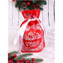 Мешок подарочный новогодний, ткань 18х24см "Избушка" красный (НУ-1417)