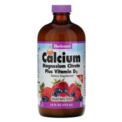Bluebonnet Nutrition, Жидкий цитрат кальция и магния с витамином D3, натуральный ягодный вкус, 472 мл (16 жидк. Унций)