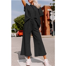 Black Textured Loose Fit T Shirt and Drawstring Pants Set