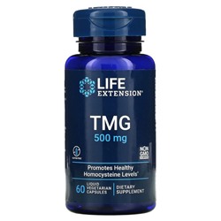 Life Extension, TMG, триметилглицин, 500 мг, 60 вегетарианских капсул с жидкостью