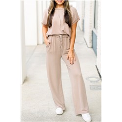 Parchment Exposed Seam Ribbed Tee and Pants Two-piece Outfit