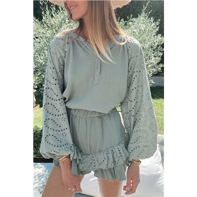 Mist Green Crinkled Eyelet Raglan Sleeve Top Ruffled Shorts Set