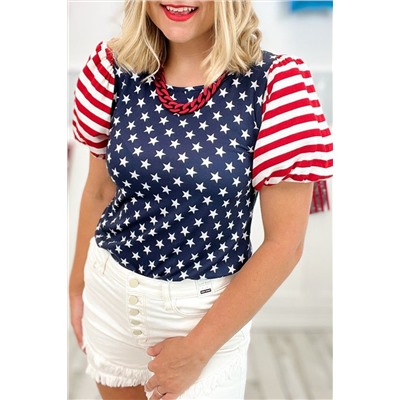 Navy Blue 4th Of July Stars Stripes Puff Sleeve T Shirt