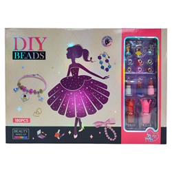 Набор для создания браслетов DIY BEADS  +  косметика  , 180 элементов ( розовая коробка )