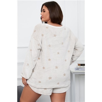 White Plus Size Plush Star Pattern Top and Shorts Set