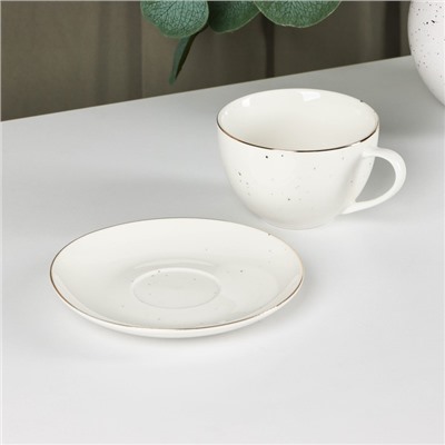 Чайная пара фарфоровая Доляна «Млечный путь», 2 предмета: чашка 220 мл, блюдце d=13,5 см, цвет белый в крапинку