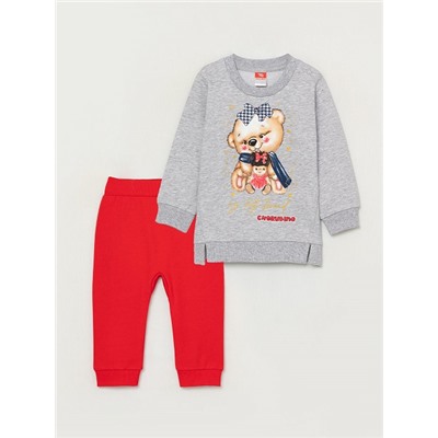CWNG 90059-11-298 Комплект для девочки (джемпер, брюки), светло-серый меланж-красные