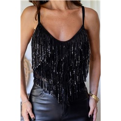 Black Sequin Tasseled Tank Crop Top