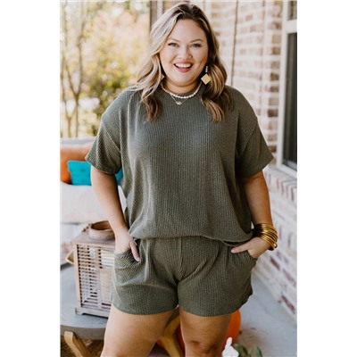 Moss Green Plus Size Rib Knit Short Sleeve Top and Shorts Set