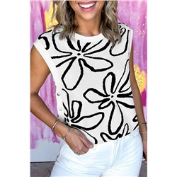 White Button Sides Sleeveless Floral Knitted Top