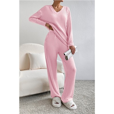 Light Pink Ribbed Knit V Neck Slouchy Two-piece Outfit