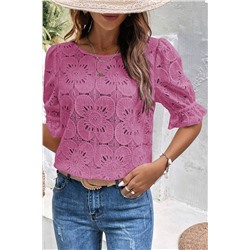 Bright Pink Flower Eyelet Jacquard Keyhole Flounce Sleeve Top