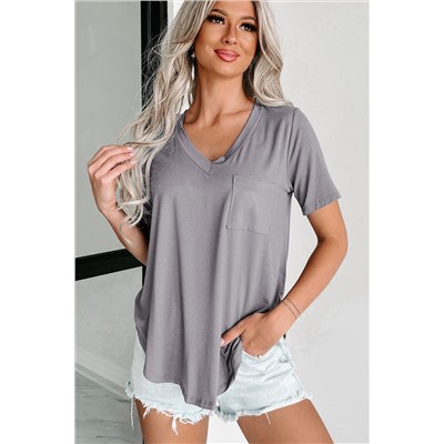 Medium Grey V Neck Pocketed Rounded Hem Tee