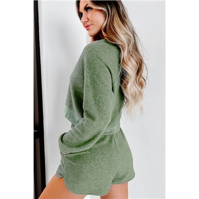 Green Fleece Two-piece Cropped Pullover and Shorts Set