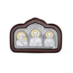 Икона автомобильная из чернёного и золочёного серебра на дереве - Богородица, Спаситель, Святой Николай (толщина 6 мм) ОД-013