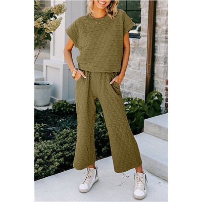 Sage Green Quilted Short Sleeve Wide Leg Pants Set