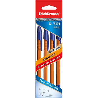 Набор  4 синих шариковых ручек "Erich Krause.R-301 Orange Stick" 0.7 мм 22189
