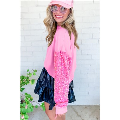 Pink Sequin Patchwork Long Sleeve Pullover Top