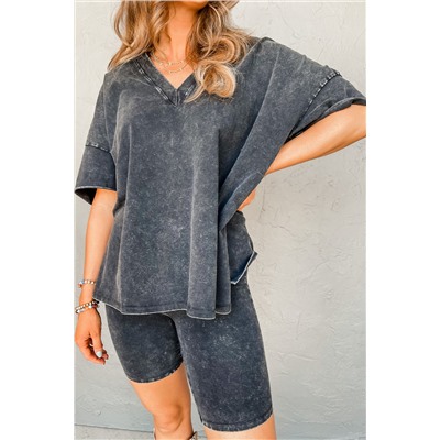 Black Mineral Washed Oversized T Shirt and Shorts Set