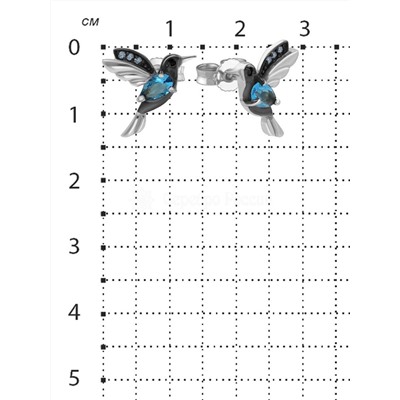 Серьги-пусеты из серебра с пл.кварцем цв.топаз, цв.чёрный и фианитами родированные - Колибри 925 пробы Са-014рч103203