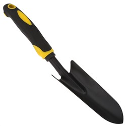 "Иволга" Совок посадочный, садовый 32х5,7х3,5см, сталь А3, окрашенная, цвет - черный матовый, эргономичная прорезиненная ручка с отверстием для подвешивания, цвет - черно-желтый (Китай)