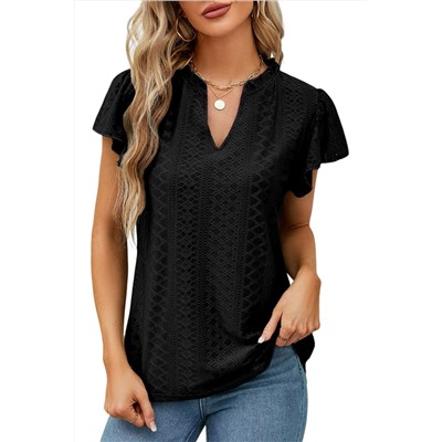 Black Eyelet Lace Textured V Neck Flutter Blouse