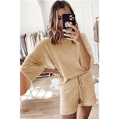 Khaki Solid Sweater Drawstring Shorts Outfit