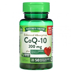 Nature's Truth, Enhanced Absorbs, CoQ-10, 200 мг, 50 капсул с быстрым высвобождением