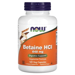 NOW Foods, гидрохлорид бетаина, 648 мг, 120 растительных капсул