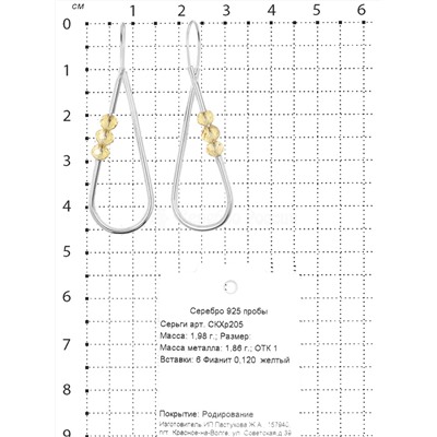 Серьги из серебра с жёлтыми фианитами родированные 925 пробы СКХр205