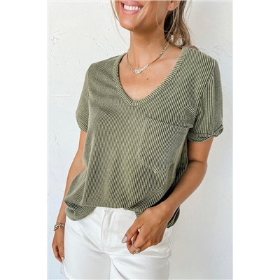 Laurel Green Twist Short Sleeve Corded V Neck Top