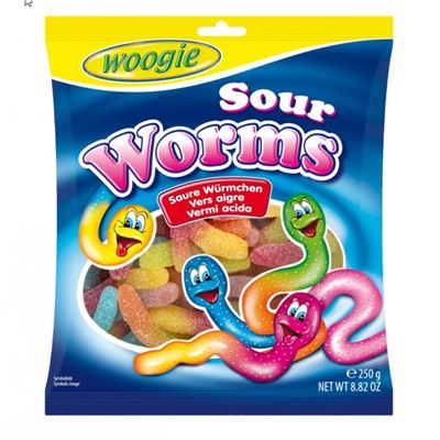 Жевательные конфеты с фруктовым вкусом Woogie (Кислые червячки) 250 гр