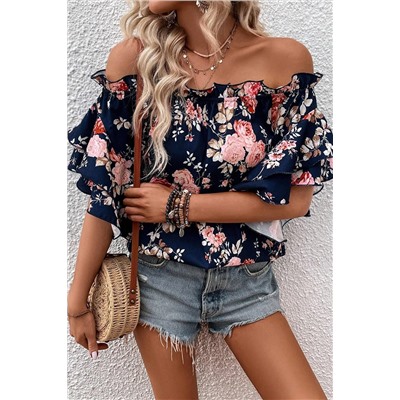 Blue Ruffle Off Shoulder Flounce Sleeve Floral Blouse