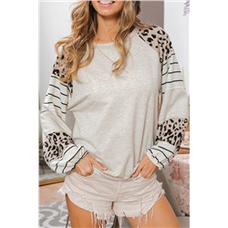 Gray Leopard Striped Raglan Sleeve Pullover