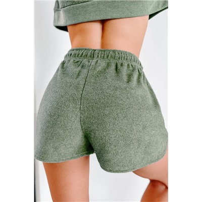 Green Fleece Two-piece Cropped Pullover and Shorts Set