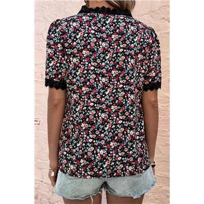 Multicolor Ditsy Floral Lace Trim Casual Blouse